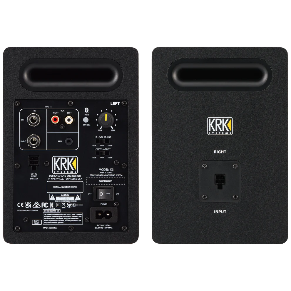 KRK KREATE 3 Monitores activos de 3.5" con cono de fibra de vidrio Aramida y tweeter de seda. Ofrecen 65W de potencia, SPL de 104 dB y respuesta hasta 33 kHz. Con conectividad Bluetooth 5.3, TRS y RCA. Ideal para mezcla precisa. 1 PAR