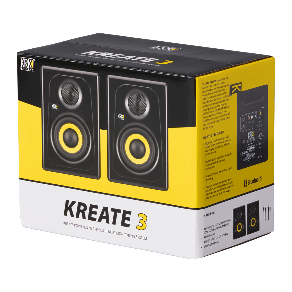 KRK KREATE 3 Monitores activos de 3.5" con cono de fibra de vidrio Aramida y tweeter de seda. Ofrecen 65W de potencia, SPL de 104 dB y respuesta hasta 33 kHz. Con conectividad Bluetooth 5.3, TRS y RCA. Ideal para mezcla precisa. 1 PAR