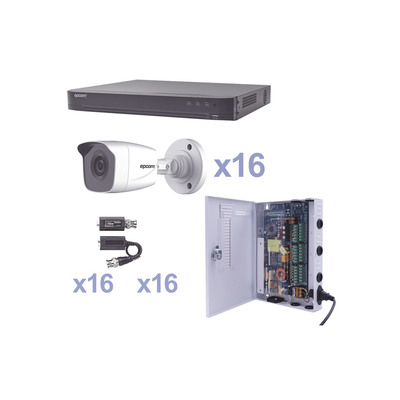 KIT TurboHD 1080p / DVR 16 Canales / 16 Cámaras Bala (exterior 2.8 mm) / Transceptores / Conectores / Fuente de Poder Profesional