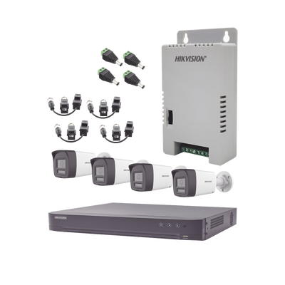 Kit Audio Bidireccional TurboHD 4K-3K / DVR 4 Canales 4K / 4 Cámaras Bala (Exterior) con Bocina y Microfóno Integrado 3K / 1 Fuentes de Poder / Accesorios.