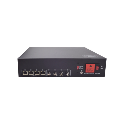 Kit de TRANSCEPTOR ACTIVO DE 4 CANALES / VIDEO+PODER en un solo Cable UTP / 150 metros en 4K, 200 metros en 5 MP/ Envía 36 Vcc y Recibe 12 Vcc / TODO INCLUIDO PARA RACK / Compatible con cámaras HD-TVI/CVI/AHD/CVBS / INSTALACIÓN LIMPIA.