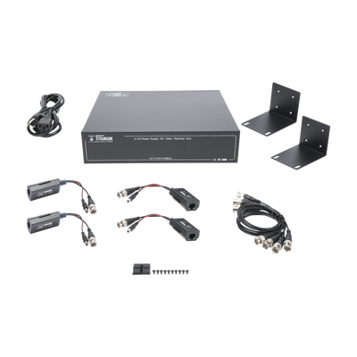 Kit de TRANSCEPTOR ACTIVO DE 4 CANALES / VIDEO+PODER en un solo Cable UTP / 150 metros en 4K, 200 metros en 5 MP/ Envía 36 Vcc y Recibe 12 Vcc / TODO INCLUIDO PARA RACK / Compatible con cámaras HD-TVI/CVI/AHD/CVBS / INSTALACIÓN LIMPIA.