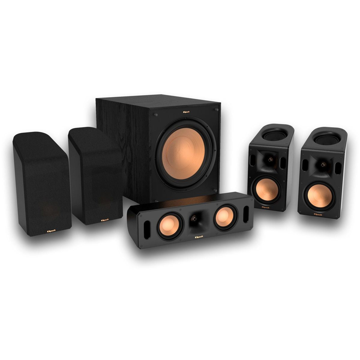 Klipsch Reference Cinema System 5.1.4 con Dolby Atmos incluye un subwoofer de 10" Con cuatro parlantes satélite equipados con tecnología Dolby Atmos, 1 Canal central IMG de cobre hilado, woofers de grafito moldeado por inyección (IMG)