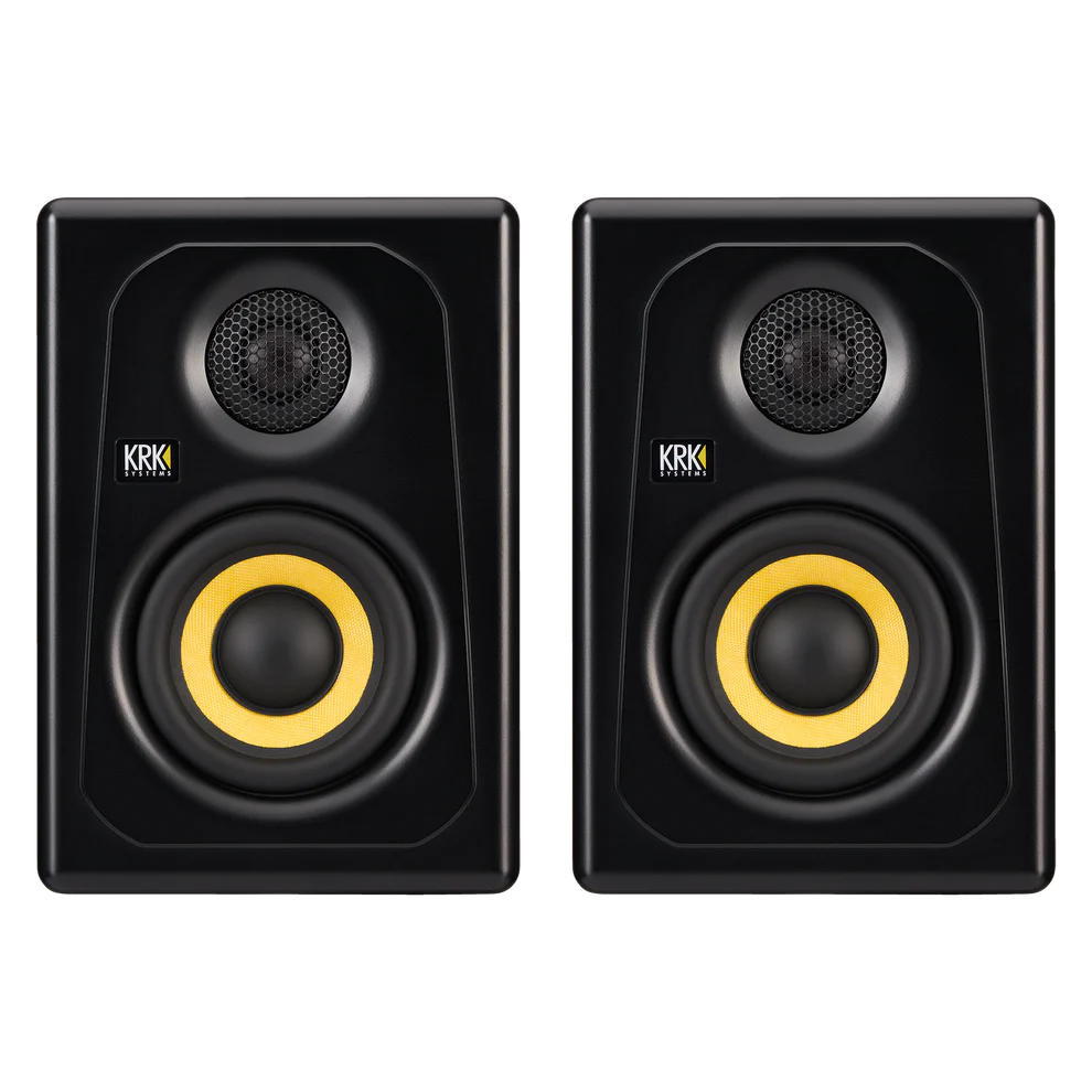 Par de monitores activos KRK KREATE 3 de 3.5 pulgadas en color negro con el icónico cono amarillo, conectividad TRS balanceada y Bluetooth para producción musical y home studio profesional.