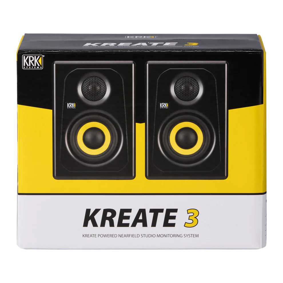 Empaque original de monitores de estudio KRK KREATE 3, sistema de audio profesional de 65W con conectividad Bluetooth 5.3 y componentes de fibra de vidrio aramida, ideal para envío seguro.