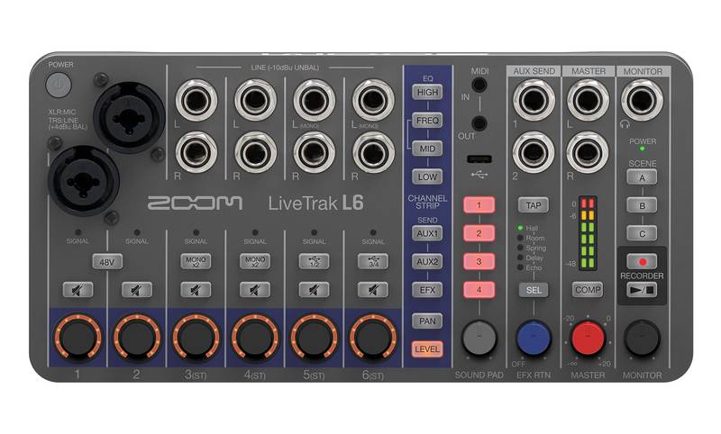 ZOOM ZL6 Mezclador Digital de 10 Canales y Grabadora Multipista 32-bit Float | Interfaz de Audio USB 12 Entradas/4 Salidas, MIDI y Efectos Integrados | Consola Compacta para Podcast, Música y Eurorack | Grabación 12 Pistas en Micro SD y Alimentación USB