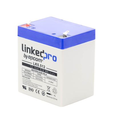 Batería 12 V / 5.5 Ah / UL / Vida útil promedio 5 años / Tecnología AGM / Para uso en equipo electrónico, Alarmas de Intrusión / Incendio/ Control de acceso / Video Vigilancia / Terminales F1 ( Incluye adaptador F