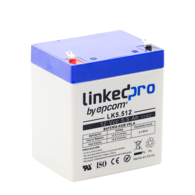 Batería 12 V / 5.5 Ah / UL / Vida útil promedio 5 años / Tecnología AGM / Para uso en equipo electrónico, Alarmas de Intrusión / Incendio/ Control de acceso / Video Vigilancia / Terminales F1 ( Incluye adaptador F