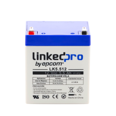 Batería 12 V / 5.5 Ah / UL / Vida útil promedio 5 años / Tecnología AGM / Para uso en equipo electrónico, Alarmas de Intrusión / Incendio/ Control de acceso / Video Vigilancia / Terminales F1 ( Incluye adaptador F