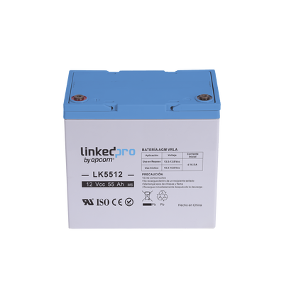 Batería 12 V / 55 Ah / UL / Tecnología AGM / Vida útil promedio de 5 años / Para uso en equipo electrónico, Alarmas de Intrusión / Incendio/ Control de acceso / Video Vigilancia / T2