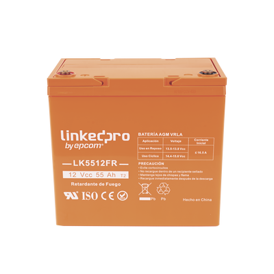 Batería 12 V / 55 Ah / UL / Tecnología AGM-VRLA / Vida útil promedio de 5 años / Retardo a la flama / Para uso en equipo electrónico, Alarmas de Intrusión / Incendio/ Control de acceso / Video Vigilancia / Termina