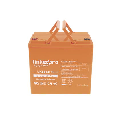 Batería 12 V / 55 Ah / UL / Tecnología AGM-VRLA / Vida útil promedio de 5 años / Retardo a la flama / Para uso en equipo electrónico, Alarmas de Intrusión / Incendio/ Control de acceso / Video Vigilancia / Termina