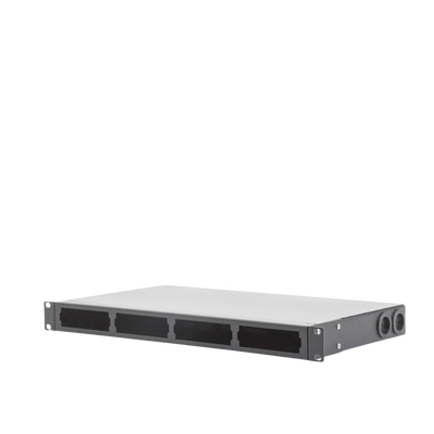 Distribuidor de fibra óptica vacio 19in, Acepta 4 placas Acopladoras de Linkedpro, hasta 24 fibras, 1UR, Incluye charola de empalme