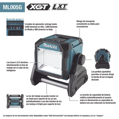 Luz de Trabajo Inalámbrica Utiliza Batria XGT® de 40V o LXT® Litioâ€‘Ion de 18V.