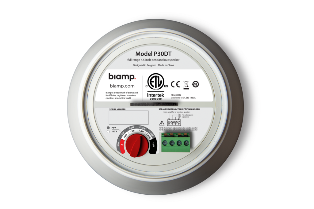 BIAMP Desono P30DT-W Altavoz colgante blanco de 4,25 pulgadas, de 2 vías, de 70 V/100 V o 16 ohmios de baja impedancia. 50W continuos, 200W pico 1 PIEZA