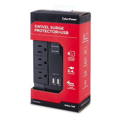 Multicontacto con Supresor de Picos de Pared, Voltaje de Entrada 125 Vca NEMA 5-15P, Con 6 Salidas NEMA 5-15R, 2 Puertos de Carga USB, 1200 Joules