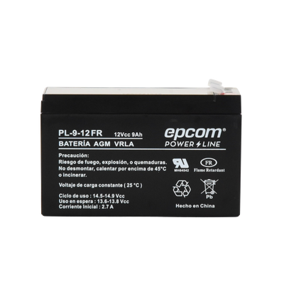 Batería 12 Vcc / 9 Ah / UL / Tecnología AGM-VRLA / Retardante a la flama / Para uso en equipo electrónico Alarmas de intrusión / Incendio/ Control de acceso / Video Vigilancia / Terminales tipo F1 / Cargador recomendado CHR-80.