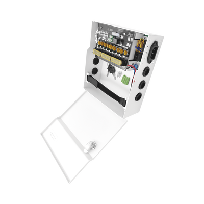 Fuente de Poder con ajuste de voltaje de 11- 15 Vcc / 10 A / 9 Salidas / Capacidad de Batería de Respaldo / Requiere Batería / Voltaje de Entrada 96-264 Vca
