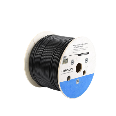 Bobina de cable de 305 m, Cat5E, con gel, para intemperie, doble forro extrema humedad, bajo tierra, UL, color negro para aplicaciones en video vigilancia, y redes de alta velocidad.