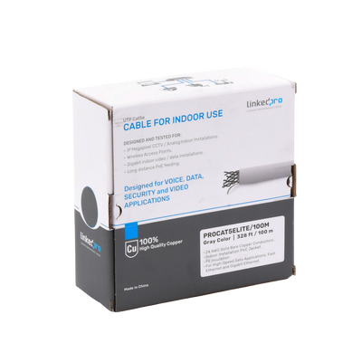 Bobina de cable de 100m, Cat5e, 24 AWG, color Gris, UL, para aplicaciones en videovigilancia, redes de datos. Uso Interior