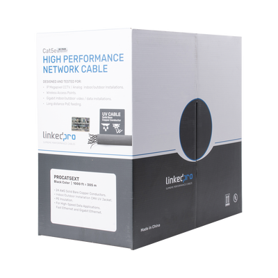 Bobina de cable de 305 m, Cat5e , FTP, blindado, color negro, UL, para aplicaciones en video vigilancia, redes de datos. Uso en Intemperie