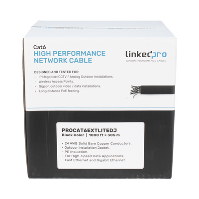 Bobina de Cable UTP 305 m, Cat6 Con DOBLE FORRO, para Exterior, CLIMAS EXTREMOS, Color Negro