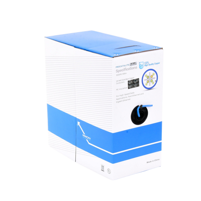 Bobina de cable de 305 metros Cat6, CM, 24 AWG, Alto Rendimiento, ETL, UL, color azul, super flexible, para aplicaciones de videovigilancia, video HD, y redes de datos. Uso interior