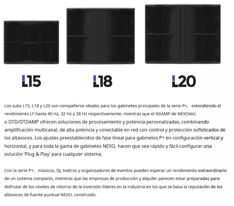 NEXO L15U-PW Subwoofer, Caja subgrave de acompañamiento para el P12, Rango 40 a 120 Hz y 139 dB máxima,  controlador de excursión de 15”, caja de abedul báltico/contrachapado de álamo e insertos para accesorios de montaje, COLOR BLANCO (Bajo pedido)