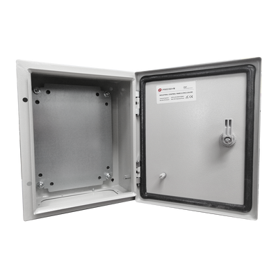 Gabinete de Acero IP66 Uso en Intemperie (300 x 400 x 200 mm) con Placa Trasera Interior de Metal y Compuerta Inferior Atornillable (Incluye Chapa y Llave T).