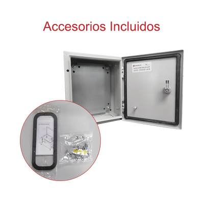 Gabinete de Acero IP66 Uso en Intemperie (300 x 400 x 200 mm) con Placa Trasera Interior de Metal y Compuerta Inferior Atornillable (Incluye Chapa y Llave T).