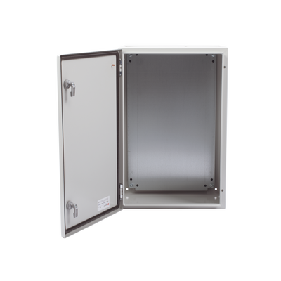 Gabinete de Acero IP66 Uso en Intemperie (400 x 600 x 250 mm) con Placa Trasera Interior Metálica y Compuerta Inferior Atornillable (Incluye Chapa y Llave T).