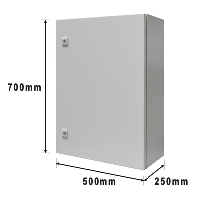 Gabinete de Acero IP66 Uso en Intemperie (500 x 700 x 250 mm) con Placa Trasera Interior Metálica y Compuerta Inferior Atornillable (Incluye Chapa y Llave T).