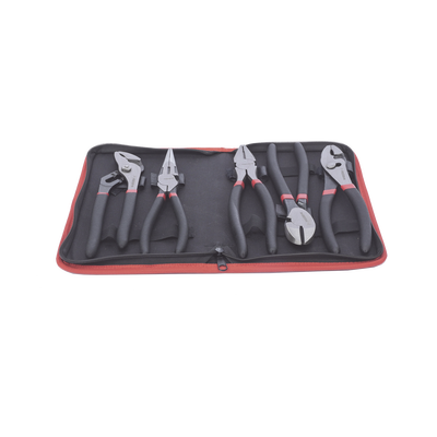 Juego de 5 Pinzas de 8" con Estuche. Incluye: P. Mecánica, P. para Tubo, P. Eléctrica, P. Corte, Nariz Larga.