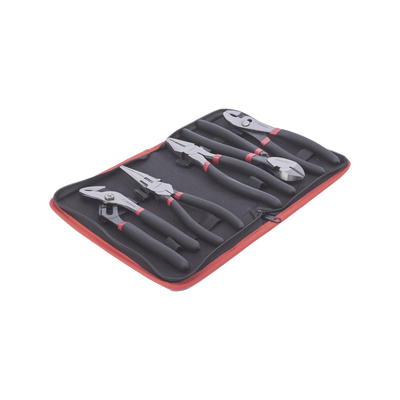 Juego de 5 Pinzas de 8" con Estuche. Incluye: P. Mecánica, P. para Tubo, P. Eléctrica, P. Corte, Nariz Larga.