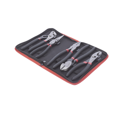Juego de 5 Pinzas de 8" con Estuche. Incluye: P. Mecánica, P. para Tubo, P. Eléctrica, P. Corte, Nariz Larga.