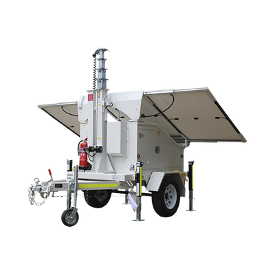 Traila / Remolque con Mástil Retráctil de 7.5 m. para Videovigilancia o Iluminación, con Bases para Instalar Paneles Solares y Baterías (No incluidos)