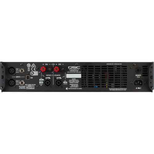 Panel posterior del amplificador QSC GXD4 con entradas XLR 1/4 pulgada y salidas Speakon