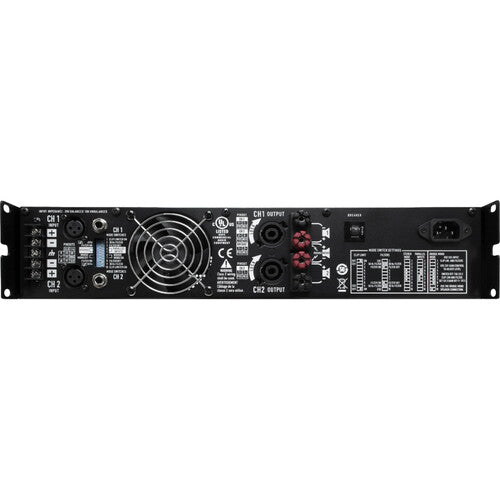 Panel posterior del amplificador QSC RMX 850a mostrando entradas XLR 1/4 pulgada, salidas Speakon y selectores DIP