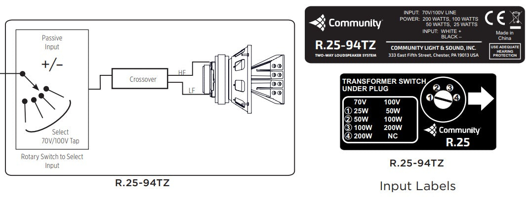 BIAMP R.25-94TZ COMMUNITY Altavoz coaxial de rango completo, 2 vías, 8 pulgadas, Potencia de 200W RMS, 500W PGM. a 8 ohms, Transformador linea de 70V/TAPS  200W, 100W, 50W y 25W. Reja y herraje de acero inoxidable. color gris