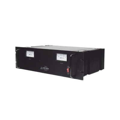 Fuente de poder 13.8Vcc, 50A, lineal regulada con circuito cargador de baterías, medidores, para instalación en rack