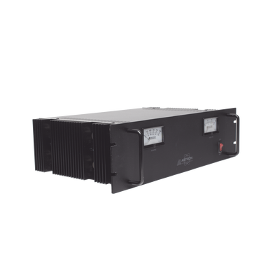 Fuente de poder 13.8Vcc, 50A, lineal regulada con circuito cargador de baterías, medidores, para instalación en rack