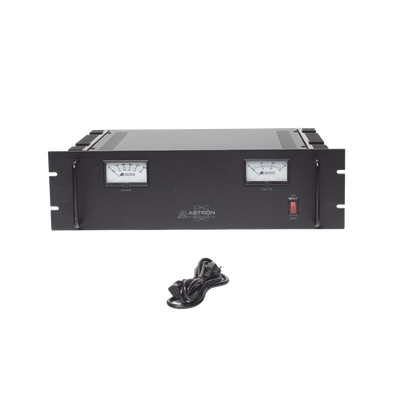 Fuente de poder 13.8Vcc, 50A, lineal regulada con circuito cargador de baterías, medidores, para instalación en rack