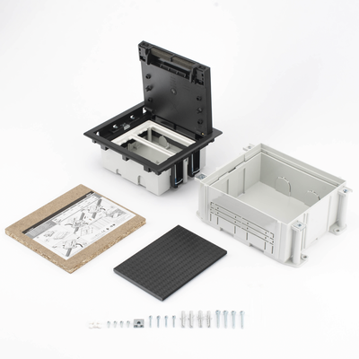 Caja de Suelo Simon Serie S / Para Voz, Datos o Contactos Eléctricos / Capacidad para 2 Módulos / Con Registro Integrado para Fijación en Concreto / Profundidad Ajustable de 70 a 100 mm / Alta Resistencia Mecánica y Térm