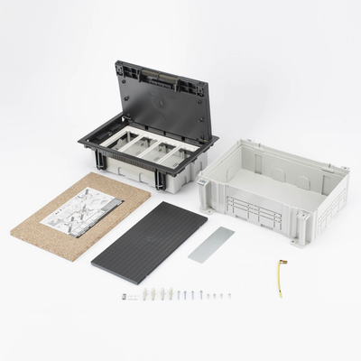 Caja Para Instalación en Pavimento para Voz, Datos o Contactos Eléctricos / Capacidad para 4 Módulos / Espacio Embellecedor en la Tapa / Profundidad Ajustable de 70 a 100 mm / Los Módulos se Adquieren Aparte / Incluye Registro