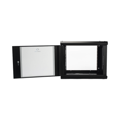 Gabinete de Pared de 9U con Puerta de Cristal Templado, 455 mm de Profundidad, Rack de 19'', Acero Reforzado Color Negro.
