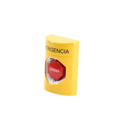 Botón de Emergencia en Español, Color Amarillo, Acción Mantenida, Girar para Restablecer y LED Multicolor