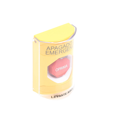 Botón de Apagado de Emergencia, Texto en Español, Tapa Protectora de Policarbonato Súper Resistente, Restablecimiento con Llave