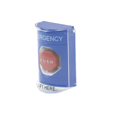 Botón Multipropósito, Color Azul, De Superficie, Con Tapa De Policarbonato, Con Bocina Pre Alarma, Para Interior, Llave Para Restablecer, Texto De Emergencia, Ingles