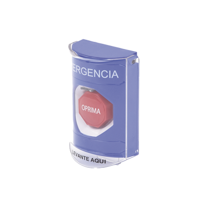 Botón Multipropósito, Color Azul, De Superficie, Con Tapa De Policarbonato, Con Bocina Pre Alarma, Solo Interior, Llave Para Restablecer, Texto De Emergencia, Español