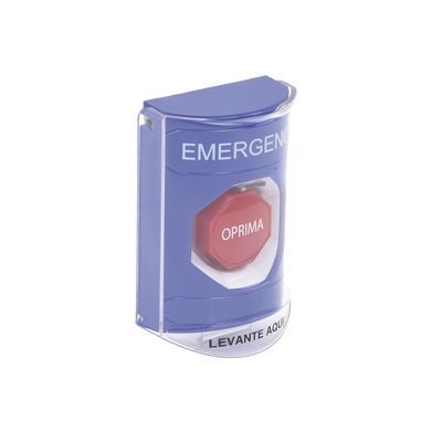 Botón Multipropósito, Color Azul, De Superficie, Con Tapa De Policarbonato, Con Bocina Pre Alarma, Solo Interior, Llave Para Restablecer, Texto De Emergencia, Español